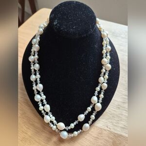 14K Clear Quartz Genuine Pearls Beaded Necklace